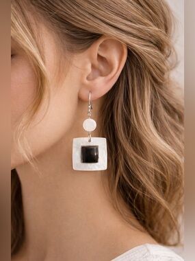 Handcrafted Mother of Pearl & Black Onyx Statement Earrings | Artisan Geometric